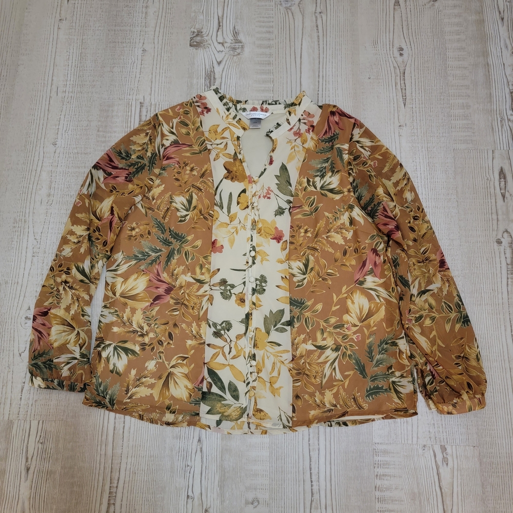 Christopher & Banks Petite XL Floral Ruffle-Neck Blouse in Yellow, Cream & Green
